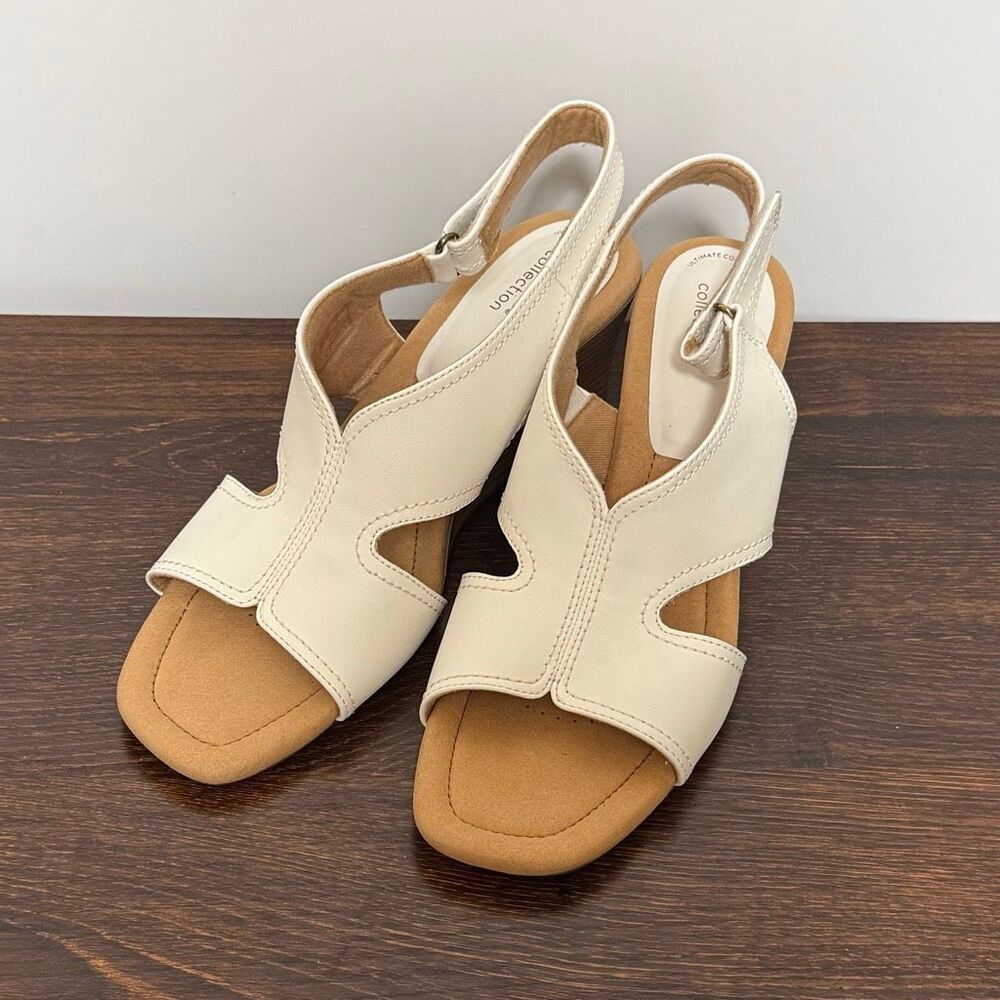 Clarks Kyarra Aster white leather Wedge Sandals square-toe cutout adjustable sli